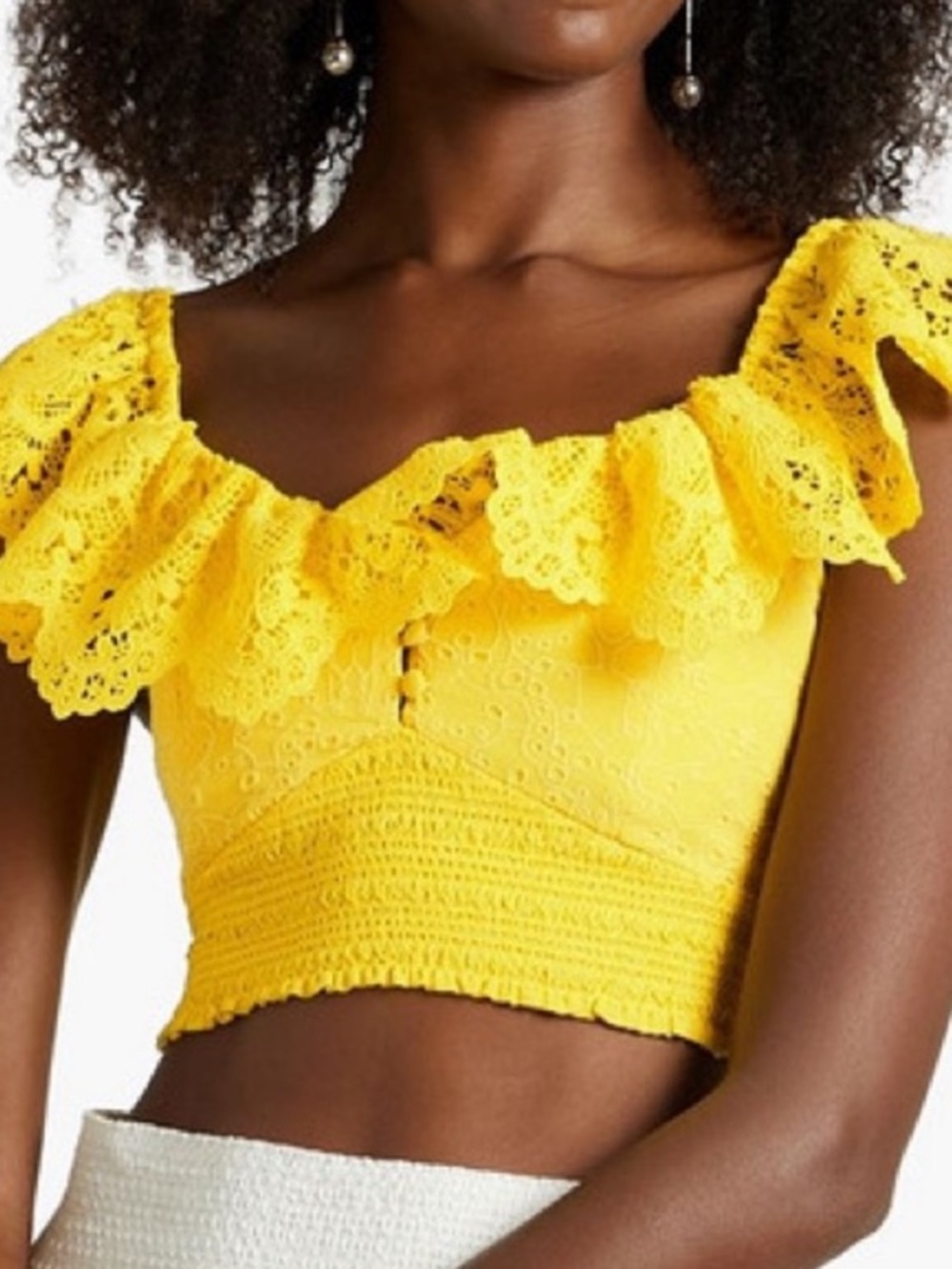 Alice + Olivia Bleeker Eyelet Smocked Crop Top Sunbeam Yellow Smocked Shirt L